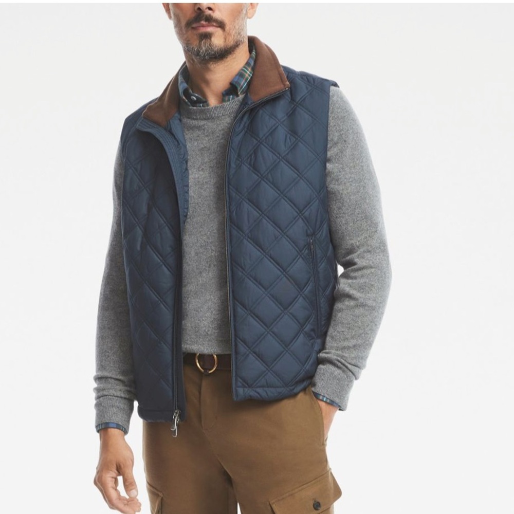 90s Coleman | Diamond Quilted Navy Vest with Brown trim | Medium